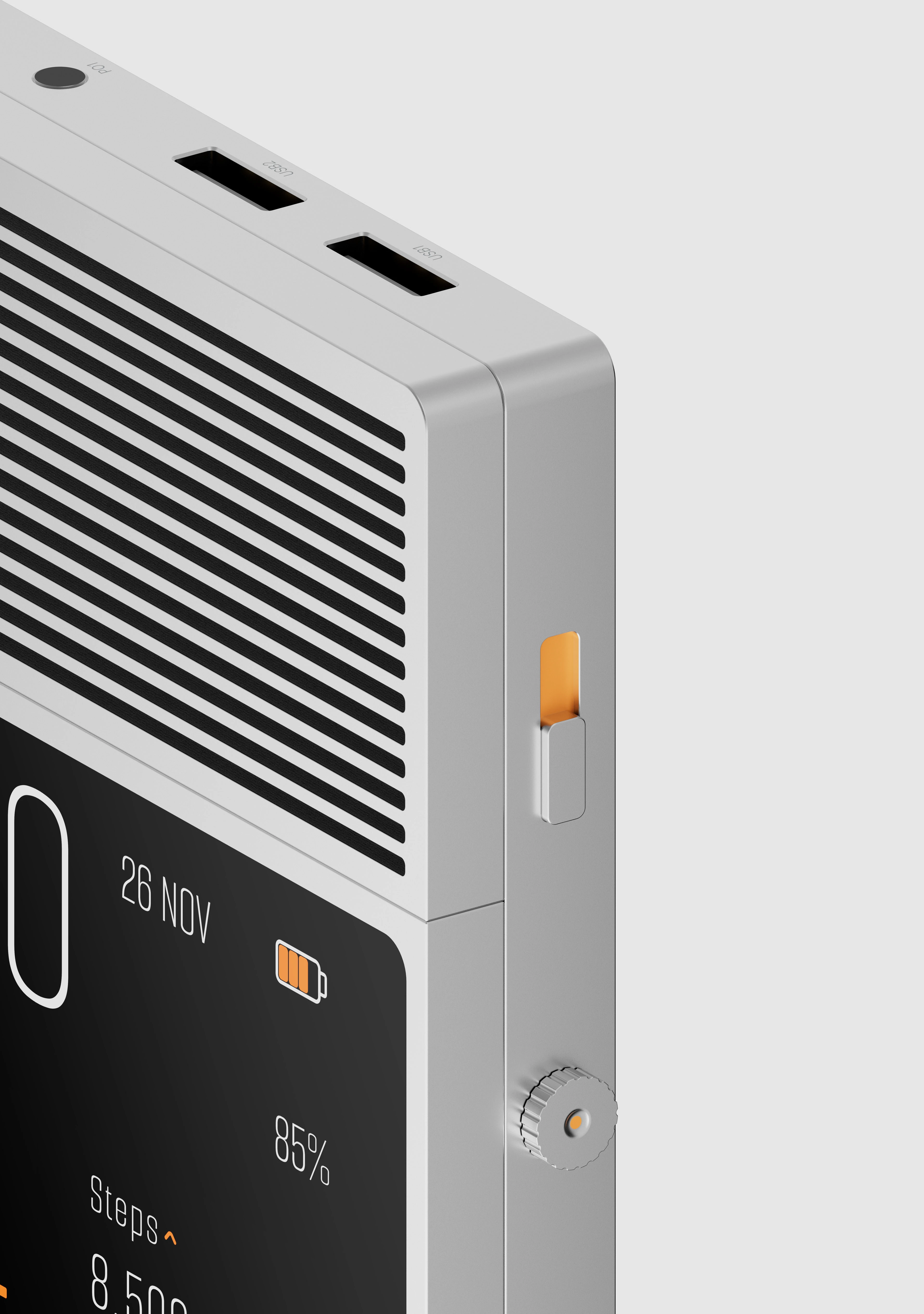 AO–S12 — A light housing, fine edges and functional accents in a series of product visualizations.