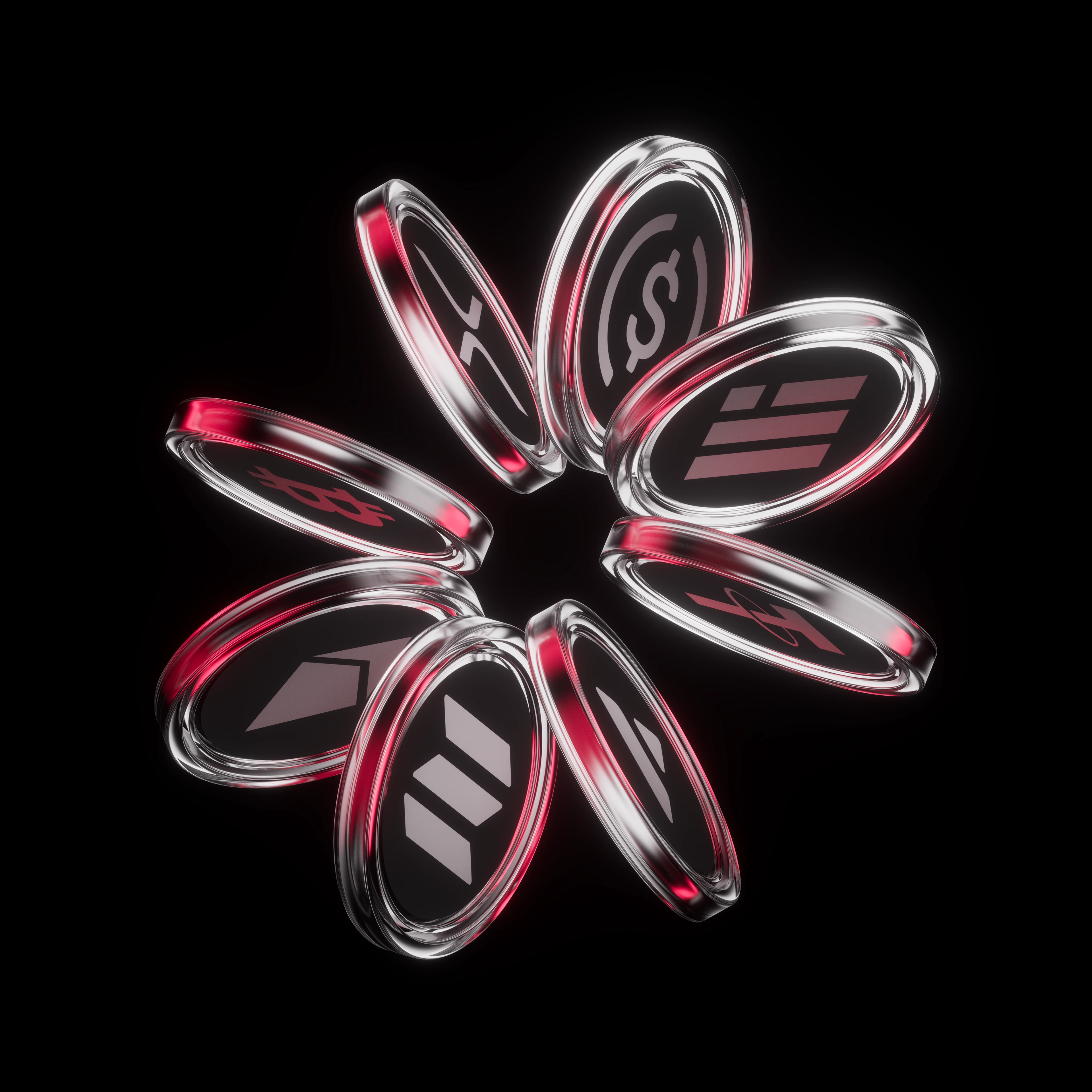 Ferron — Digital assets in glass and metal. Silver contours, dark depth and red light.