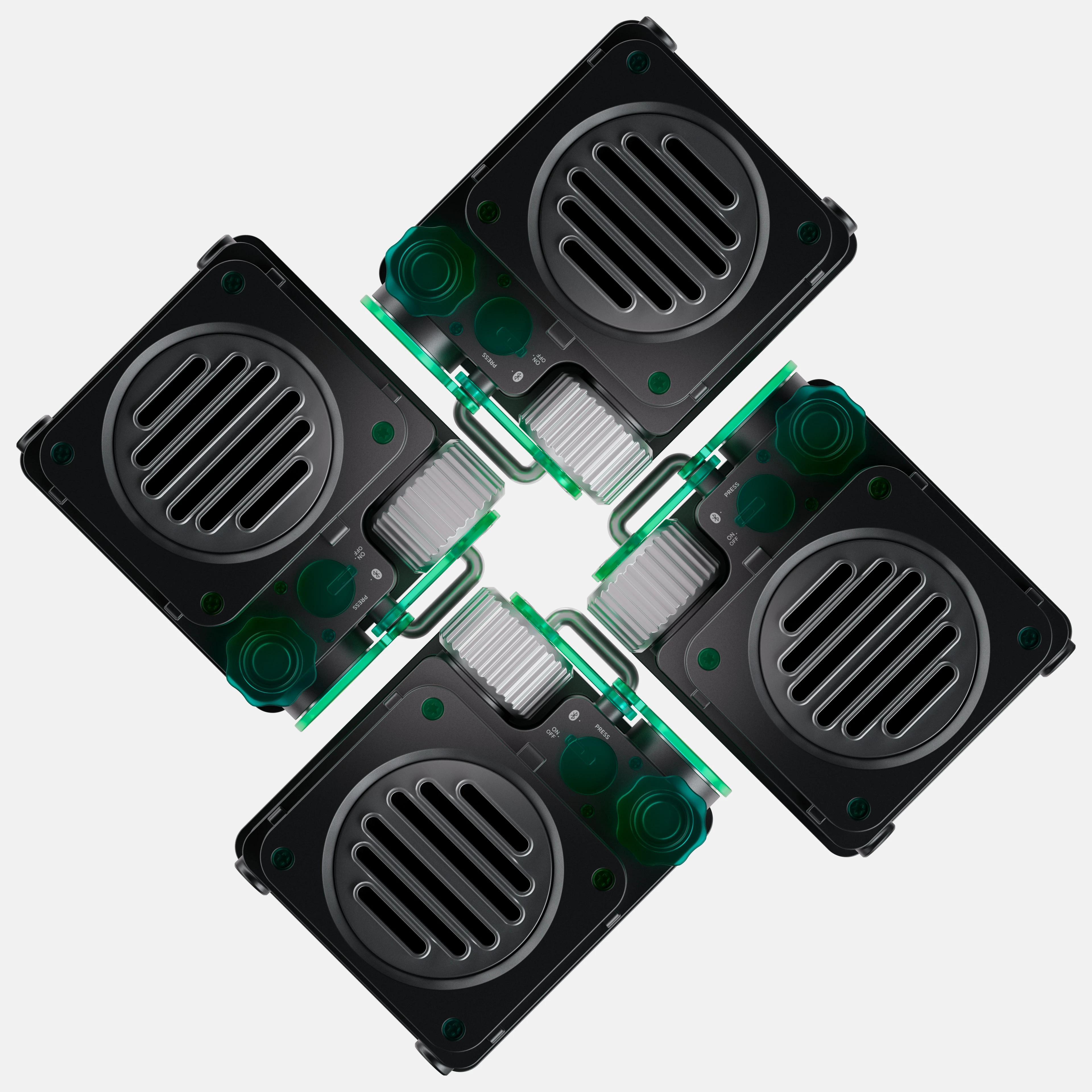 Viridian Wave — Black housing, translucent green elements and precise geometry. A series of product compositions and close-ups.